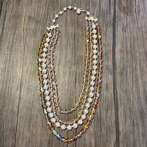 4 row necklace pink and orange beads, and pearls